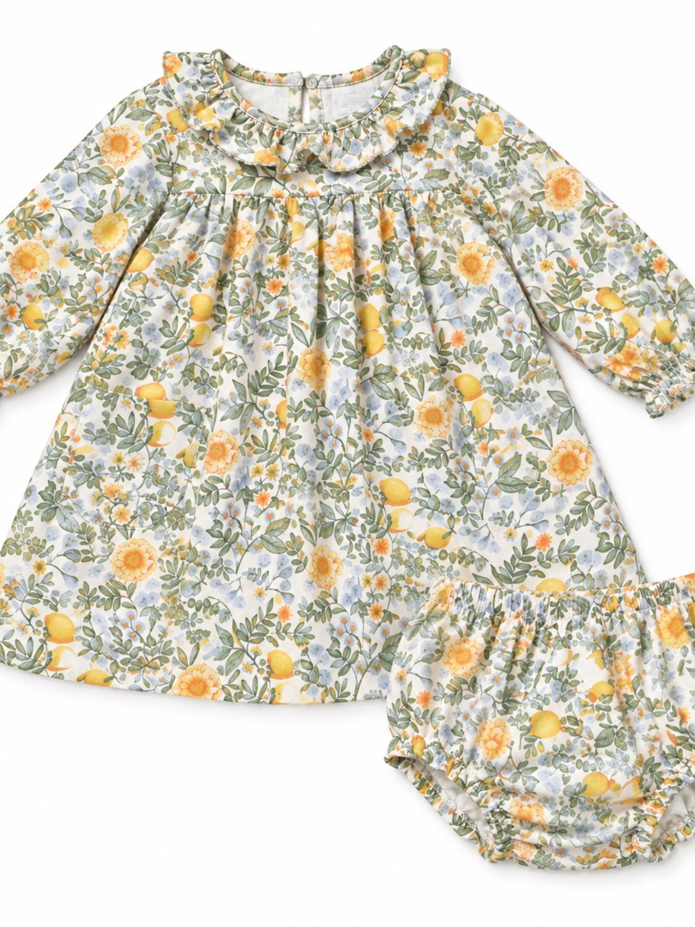 Edgehill Collection Yellow Floral Lemon Print Dress with Blooming Green Leaves